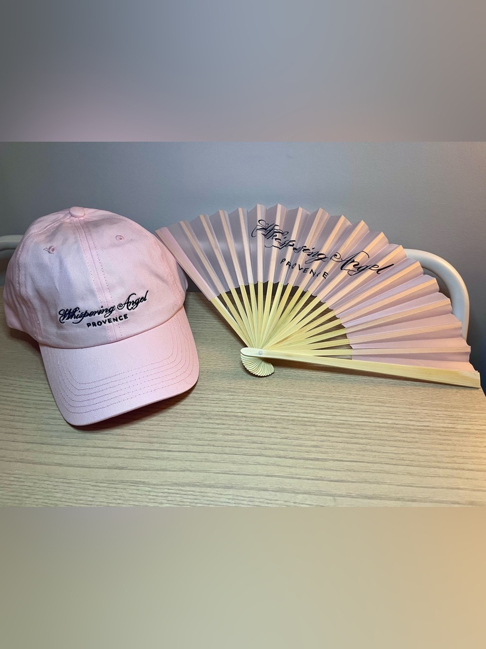 Whispering Angel Rosé Soft Pink Embroidered Hat & Hand Fan Set NWOT